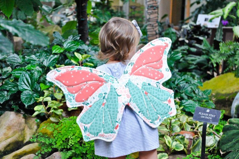 toddler wearing butterfly wings in botanical gardens